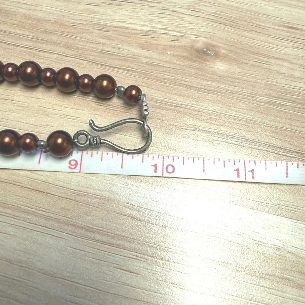 Bronze Faux Pearl Graduated Bead Strand Necklace Silver‎ Tone Hook Clasp 20 Inch